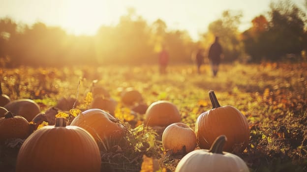 The warm glow of the setting sun illuminates a pumpkin patch, where plump orange pumpkins are nestled among thick green vines, creating a picturesque autumn landscape.