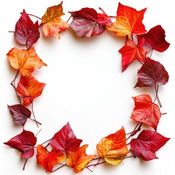 A decorative frame made of various autumn leaves features shades of red, orange, and yellow, creating a vibrant natural border on a neutral backdrop.