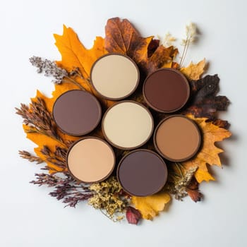Various shades of makeup creams are elegantly arranged in circular containers atop a bed of vibrant autumn leaves and dried flowers, reflecting seasonal beauty.