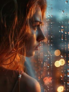 A contemplative young woman looks out at the city while rain droplets stream down the glass, reflecting colorful lights from the streets below during sunset.