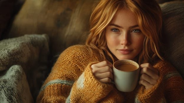 A person enjoys a soothing moment on a cool afternoon, holding a white cup of coffee while wrapped in a warm, oversized sweater. Natural light filters through the window.