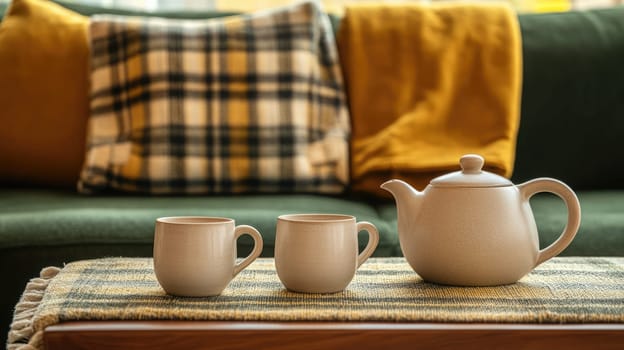 A vibrant orange teapot sits on a wooden tray accompanied by two checkered mugs, surrounded by a cozy blanket, in a serene autumn setting by the window.
