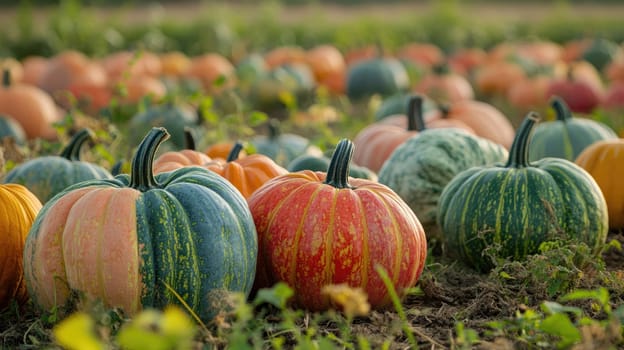 A variety of pumpkins in shades of orange, green, and yellow dot the ground in a lively field. The scene captures the essence of the autumn harvest, highlighting nature's bounty.