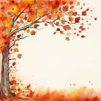 A picturesque autumn setting shows a tree with brilliant orange and red leaves, as colorful foliage swirls gently around its base, capturing the beauty of the fall season.