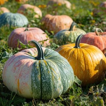 The warm glow of the setting sun illuminates a pumpkin patch, where plump orange pumpkins are nestled among thick green vines, creating a picturesque autumn landscape.