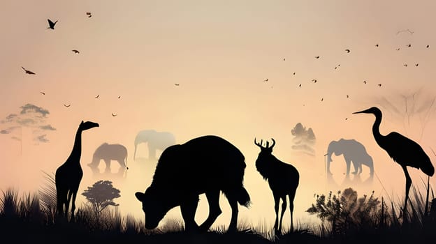 Various animals, including a bear, giraffe, and elephants, are silhouetted against a vibrant sunset sky, creating a peaceful and harmonious natural setting.