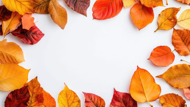 Colorful autumn leaves in shades of orange, red, and yellow are artistically arranged on a textured, neutral background, providing a perfect backdrop for seasonal projects.