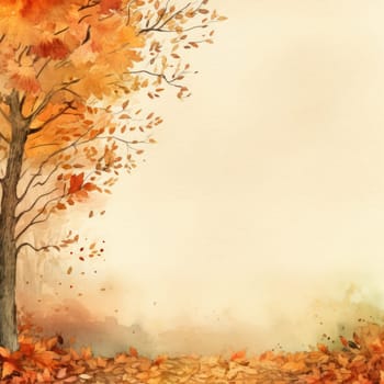 A picturesque autumn setting shows a tree with brilliant orange and red leaves, as colorful foliage swirls gently around its base, capturing the beauty of the fall season.