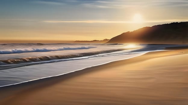 The sun sets over a serene beach, casting golden hues on the water as gentle waves lap at the sandy shore. The tranquil atmosphere evokes a sense of peace and relaxation.
