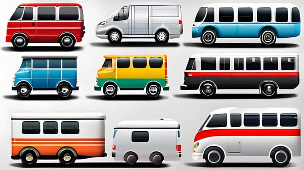 A collection of variously colored buses and vans showcases diverse vehicle designs. Each vehicle features distinct color patterns and styles, highlighting urban transportation options.