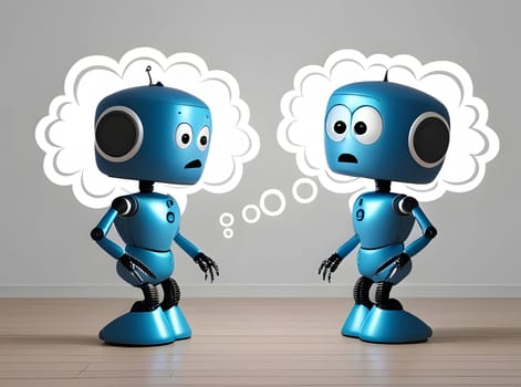 Two blue robots express curiosity while sharing ideas in a simple room. Their animated features suggest a lively discussion, highlighting their imaginative capabilities and emotions.