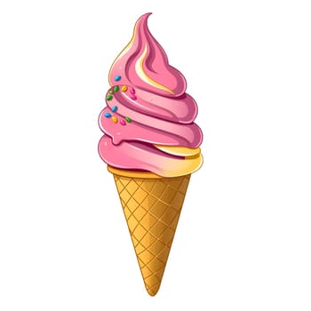 A tempting ice cream cone features a tall swirl of pink ice cream topped with bright, colorful sprinkles. The cone is made of crispy waffle, adding a delightful crunch.