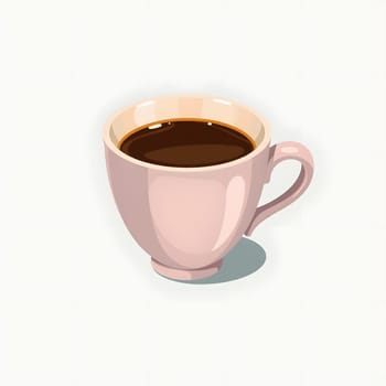 A pink cup holds rich, dark coffee, sitting elegantly against a soft light background, inviting warmth and comfort. The scene suggests a moment of relaxation.