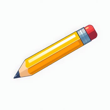 A brightly colored yellow pencil lies diagonally on a plain background, showcasing its red eraser and distinct graphite tip, emphasizing the simplicity and utility of this writing tool.