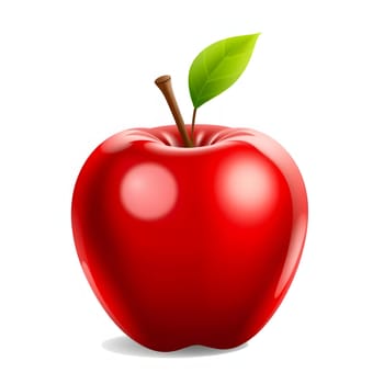 A vivid red apple sits upright against a plain white background, showcasing its smooth skin and a single green leaf attached to the stem, emphasizing freshness and simplicity.