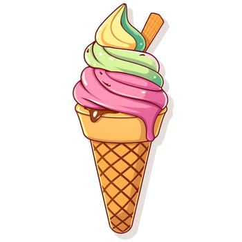 A delightful ice cream cone features three vibrant swirls of pink, green, and yellow flavors atop a crispy, textured cone. The treat is decorated with chocolate syrup.