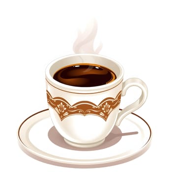 A delicate cup of steaming coffee sits on a white saucer, showcasing an elegant design with subtle brown accents. The steam rises gracefully, indicating the drink's warmth.