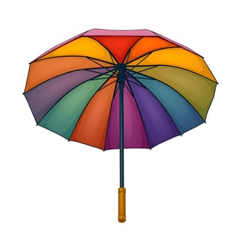 A vibrant, multi-colored umbrella is open, showcasing its rainbow spectrum. The umbrella's design features a sturdy frame, captured against a neutral setting, enhancing its vividness.