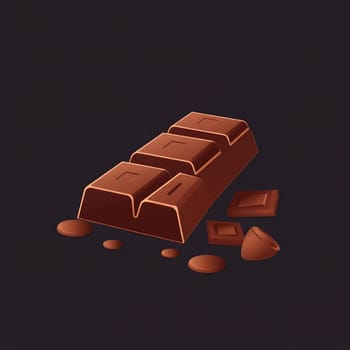 A rich chocolate bar rests on a dark surface, accompanied by scattered pieces and crumbs. The texture and color highlight its tempting shine, inviting indulgence.