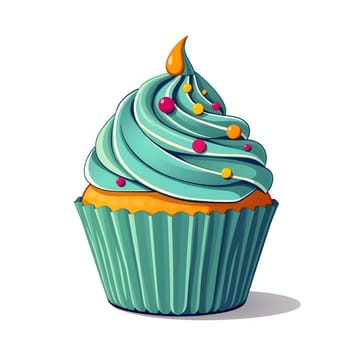 A vibrant turquoise cupcake features a fluffy swirl of icing topped with cheerful, colorful sprinkles. It sits gracefully in a teal cupcake liner, emphasizing its delightful appearance.