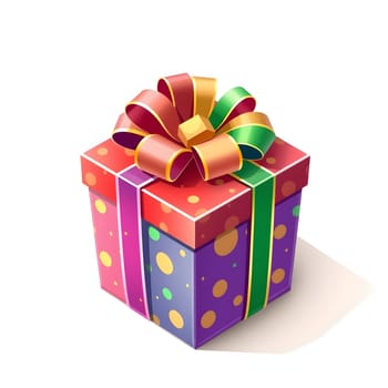 A vibrant gift box decorated with a shiny bow and polka dots sits against a clean white background, inviting celebration and joy. It represents the excitement of giving or receiving presents.
