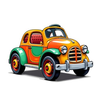 A cheerful vintage toy car features a vibrant orange and green design, showcasing its retro charm. Ideal for collectors or as a decoration in playrooms.
