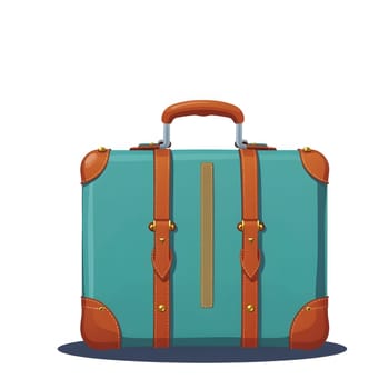 A vintage-style suitcase in blue with brown leather straps and corners rests on a flat surface. The design features a sturdy handle, perfect for travel and adventure.