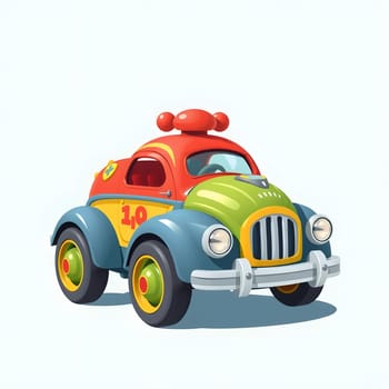 This vibrant vintage-style car features bright colors and playful details, showcasing a whimsical design that appeals to children and collectors alike. The background is minimal, enhancing the focus.