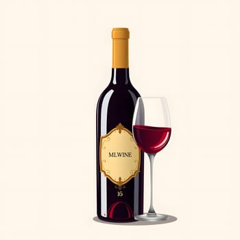 A rich red wine bottle with a golden label stands next to a elegant glass filled with deep red liquid. The setting is minimal, featuring a plain background for an upscale look.