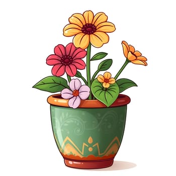 A charming flower pot displays a variety of colorful blooms, including pink, yellow, and orange flowers. Lush green leaves complement the cheerful bouquet in a decorative pot.