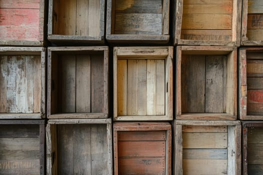 The arrangement features wooden crates of different colors and textures, stacked neatly against a wall. The rustic appearance highlights the wear and individuality of each crate.