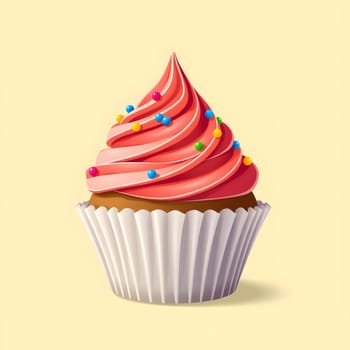 A tempting cupcake topped with smooth pink frosting and vibrant sprinkles sits elegantly on a soft pastel background, inviting a sweet treat experience that delights the senses.