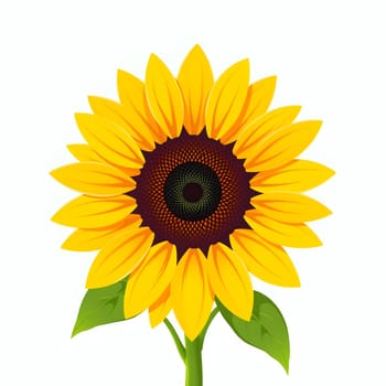 A beautiful sunflower stands tall with bright yellow petals radiating outward. Its rich brown center is surrounded by green leaves, creating a striking contrast against the light backdrop.