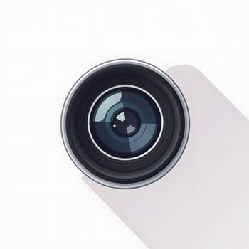 A detailed close-up showcases a camera lens with reflections, emphasizing its glass elements and metallic finish, set against a minimalistic light backdrop that enhances its features.