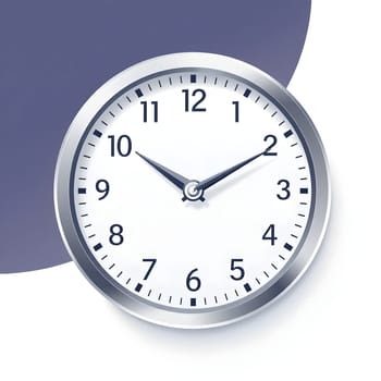 A modern wall clock features clean lines and a minimalist design, displaying the time at two o'clock. The clock's silver frame complements its white face and black markings.