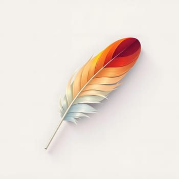 A striking representation of a feather crafted from paper with vibrant hues of red, orange, yellow, and blue. The artistic design emphasizes the delicate nature of the feather against a soft backdrop.