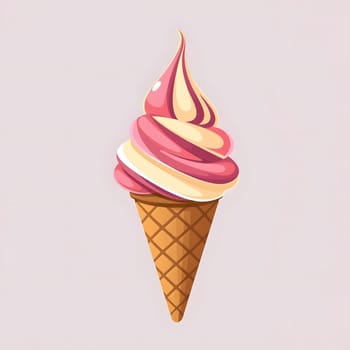 A delightful ice cream cone features a swirled mixture of pink and cream flavors, set atop a crisp waffle cone. Perfect for summer treats or dessert cravings on warm days.