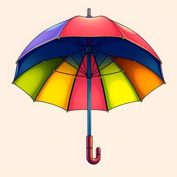 A bright and cheerful umbrella displays a rainbow of colors, with distinct panels, suspended against a soft, light background. The design evokes a sense of joy and playfulness.