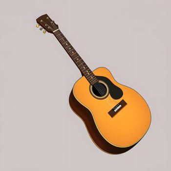 An acoustic guitar showcases its warm wooden finish, positioned at an angle against a neutral backdrop. The instrument highlights the craftsmanship and design details of its body and neck.