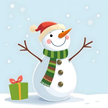 A joyful snowman stands against a light blue background, wearing a red hat and green scarf, with arms outstretched. A colorful gift sits nearby amidst soft falling snowflakes.