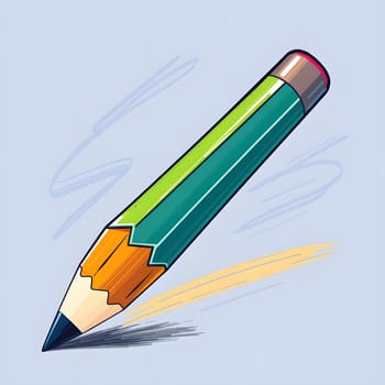 A colorful, green pencil is depicted as it moves swiftly across a light blue background, leaving behind a dark line. The pencil appears dynamic, showcasing its colorful tip.