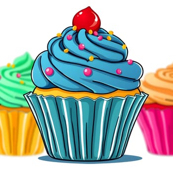A vibrant cupcake featuring swirls of blue frosting and a bright red cherry sits prominently. Other cupcakes in green and orange can be seen in the background, adding to the cheerful display.