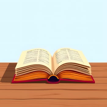 An open book lies on a wooden table, showcasing its pages filled with text. The warm wood contrasts with the books creamy pages, highlighting its inviting knowledge.