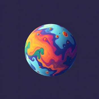 This artwork displays a beautifully rendered abstract planet featuring vivid swirls of color, creating a striking contrast against a deep, dark backdrop