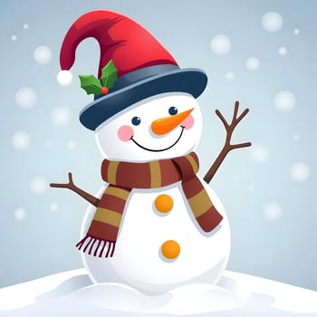 A cheerful snowman stands in a winter landscape, adorned with a red hat and striped scarf. Snowflakes gently fall around, creating a festive winter atmosphere.