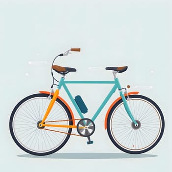 A colorful bicycle is depicted on a light background, showcasing its turquoise frame and orange accents. The bike features a classic design, suitable for casual rides or commuting.