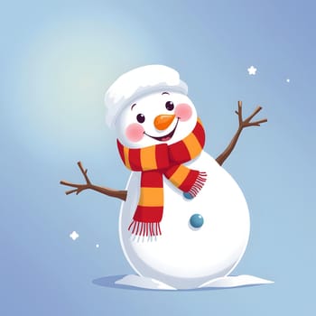 A joyful snowman stands against a blue sky, adorned with a red and yellow striped scarf and a hat, arms outstretched as if welcoming winter festivities.