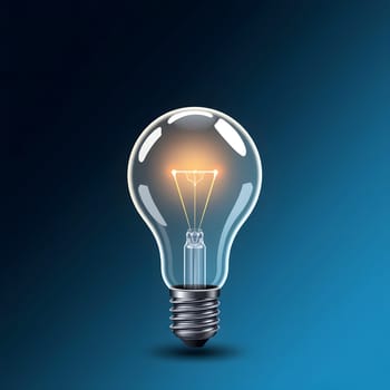 A glowing light bulb illuminates the dark blue background, showcasing its filament and bulb design, symbolizing ideas and innovation in a visually striking manner.