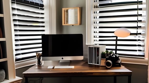 A stylish workspace features a sleek computer, desk organizer, and creative decor. Sunlight streams through the blinds, creating a warm and inviting atmosphere for productivity.