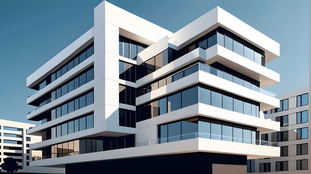 A contemporary building features sleek lines and large glass windows set in a vibrant urban environment under clear blue skies. The design emphasizes modernity and openness.